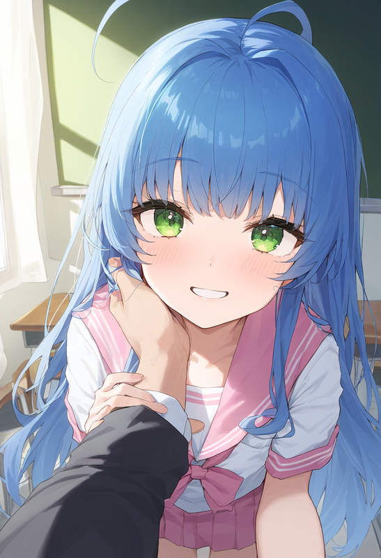 1girl, pov, close-up, younger, healthyman, bishoujo, blue hair, very long hair,  s-1644085721