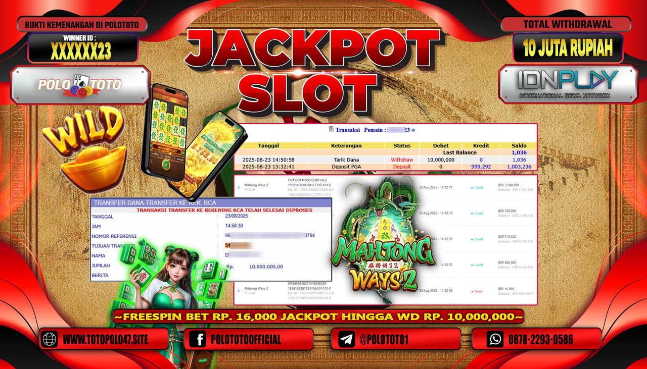POLOTOTO JACKPOT SLOT MAHJONG WAYS 2 Rp.10.000.000,- LUNAS