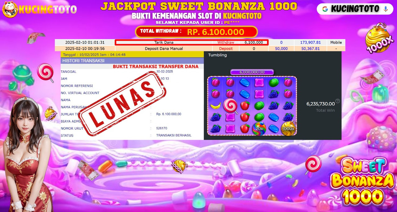 KUCINGTOTO JACKPOT SLOT SWEET BONANZA 1000 RP.6.100.000.,- LUNAS
