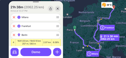 A long car route between european cities. The route contains toll road segments. The ETA, duration and the number of kilometers are shown. Yellow dots represent zones with high incline. Captured in the Magic Earth app.
