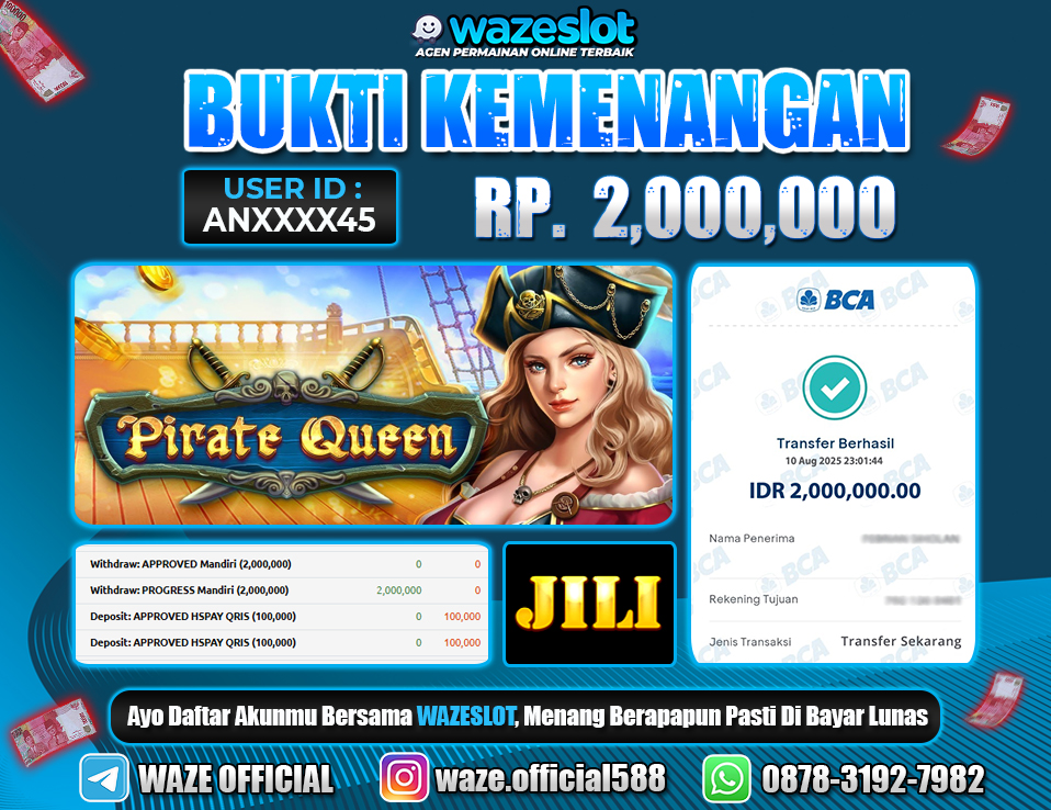 BUKTI KEMENANGAN 11 AGUSTUS 2025 GAME PIRATE QUEEN ( JILI )