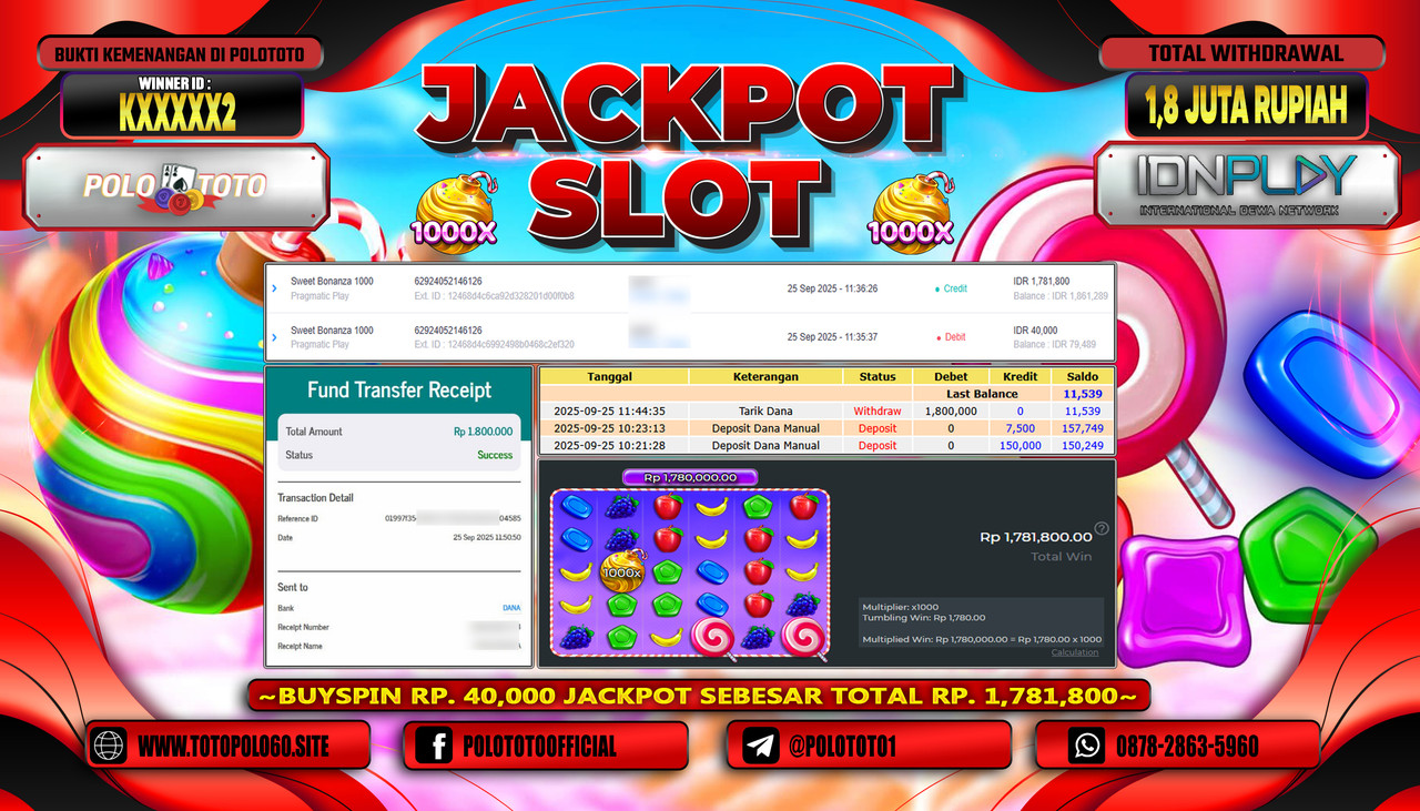 POLOTOTO JACKPOT SLOT SWEET BONANZA 1000 Rp.1.800.000,- LUNAS