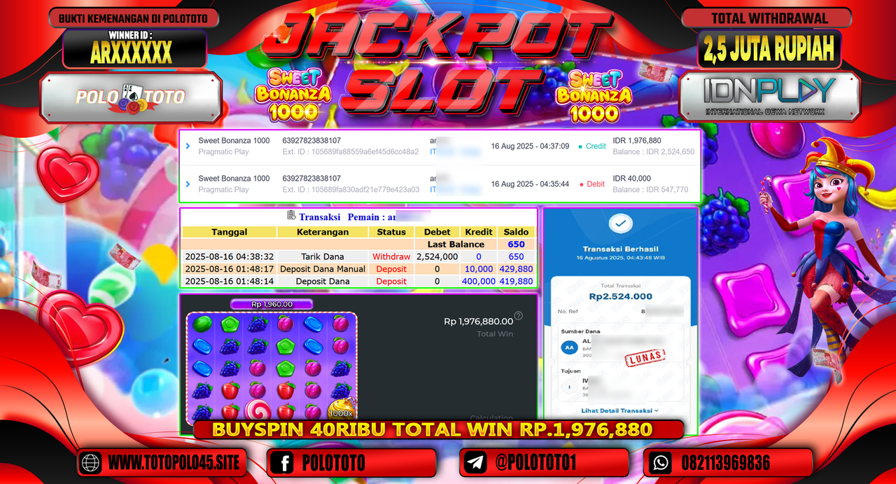 POLOTOTO JACKPOT SLOT SWEET BONANZA 1000 Rp.2.524.000,-