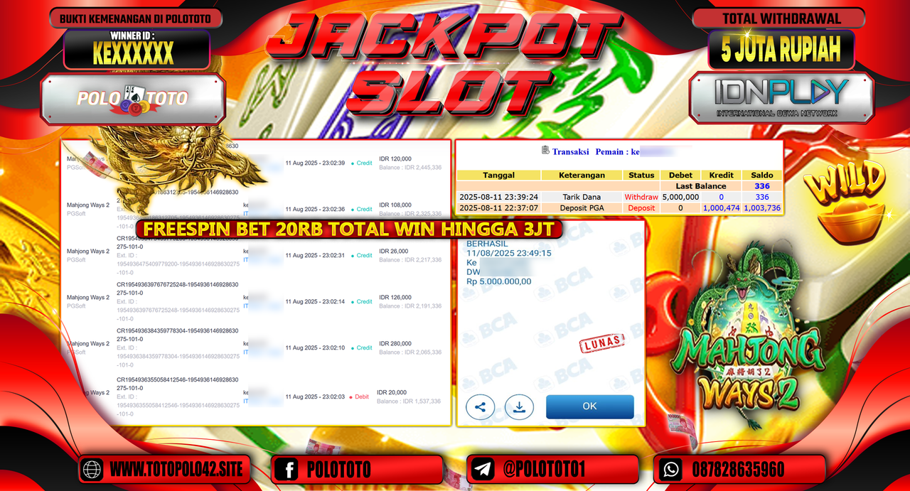 POLOTOTO JACKPOT SLOT MAHJONG WAYS 2 Rp.5.000.000,-LUNAS