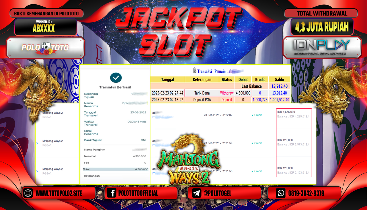 POLOTOTO JACKPOT SLOT MAHJONG WAYS 2 Rp.4.300.000,-