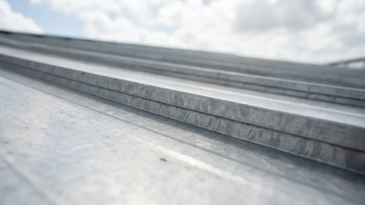 Galvalume standing seam metal roof on a San Antonio residential home showing the characteristic silver finish and standing seam panels