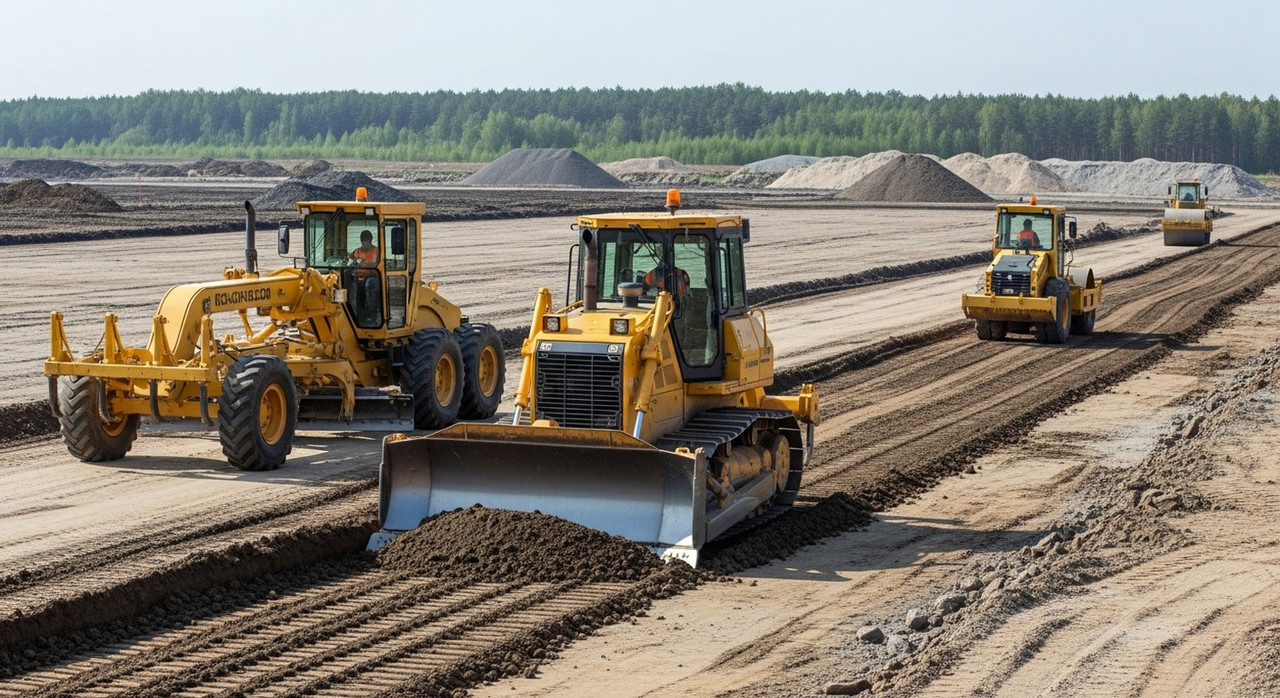 Бульдозер и грейдер, выравнивающие строительный участок, этап подготовки основания для спецтехники для стройплощадки