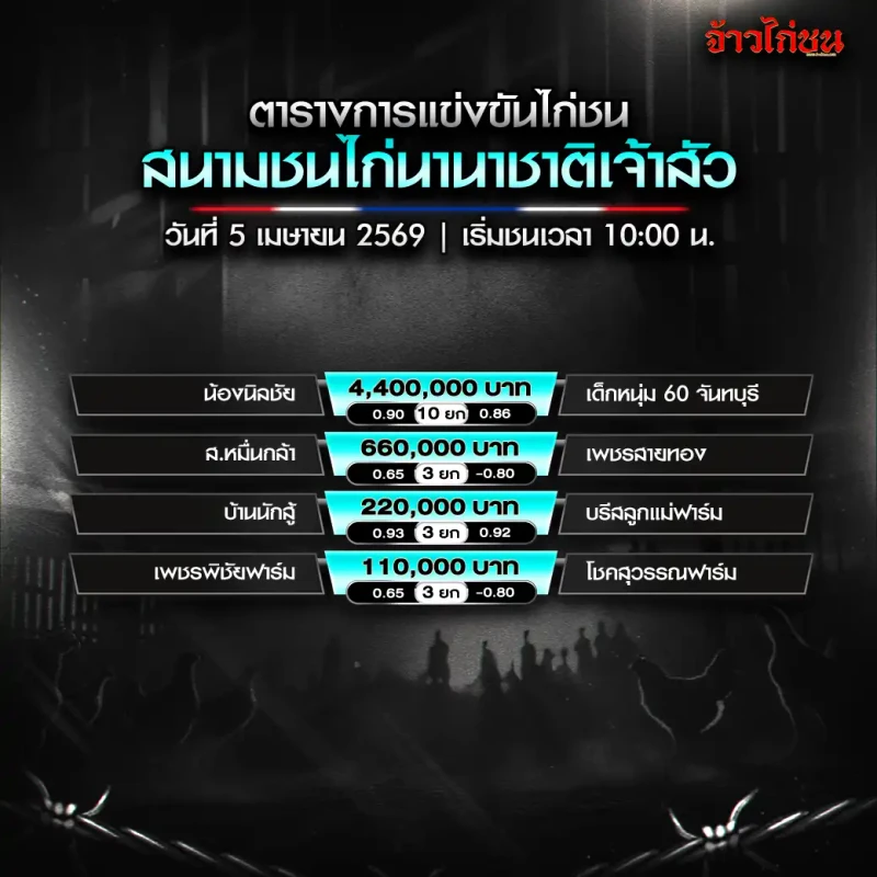 โปรแกรมไก่ชน สนามชนไก่นานาชาติเจ้าสัว วันอาทิตย์ที่ 5 เมษายน 2569
