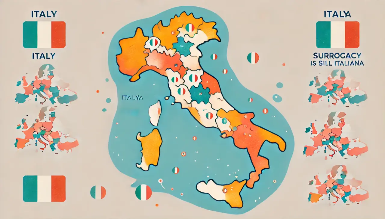 A map of Italy with highlighted countries where surrogacy is still legal for Italians