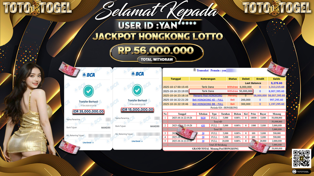Bukti Pembayaran Jackpot Permainan Togel Hongkong Lotto  ID:YAN**** LUNAS