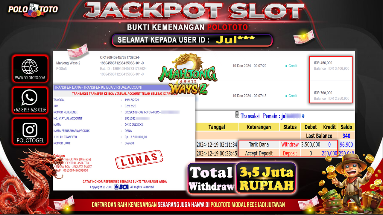 POLOTOTO JACKPOT SLOT MAHJONG WAYS 2 Rp.3,500.000,-