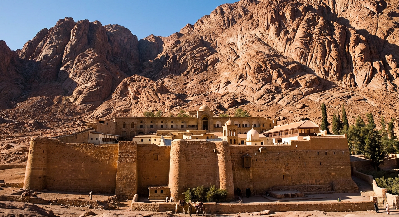 Saint Catherine's Monastery nestled at the foot of the rugged mountains of Sinai.