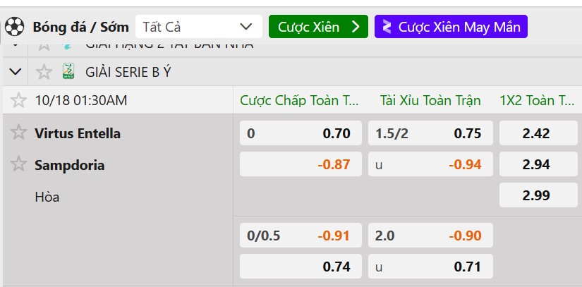 Tỷ lệ kèo Virtus Entella vs UC Sampdoria