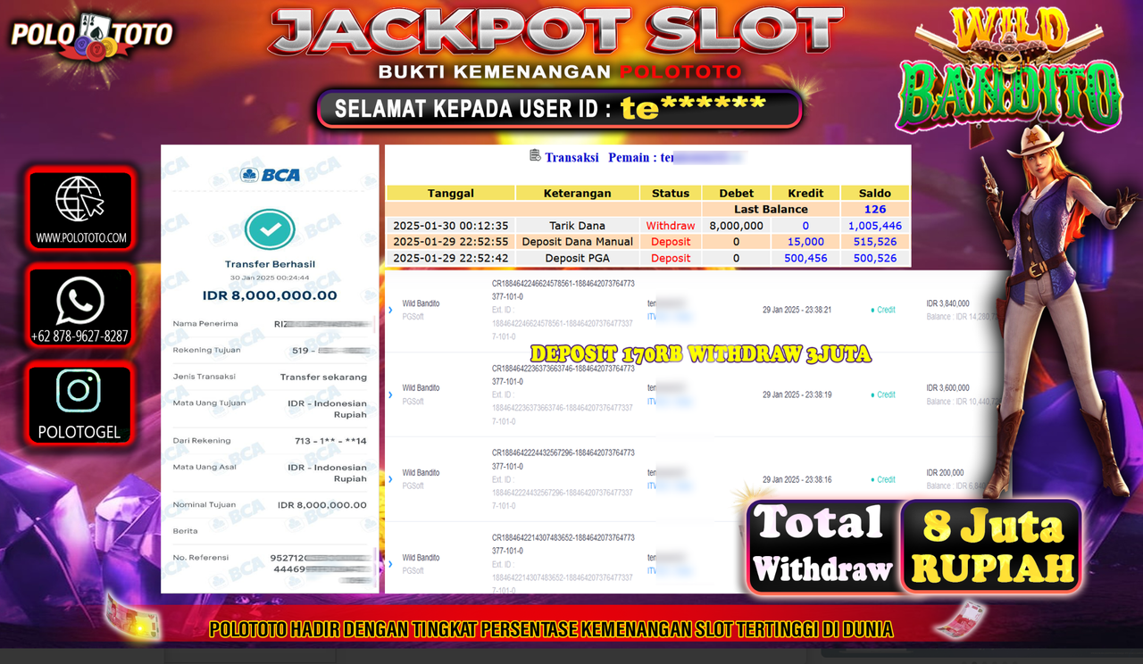 POLOTOTO JACKPOT SLOT WILD BANDITO Rp.8,000.000,-