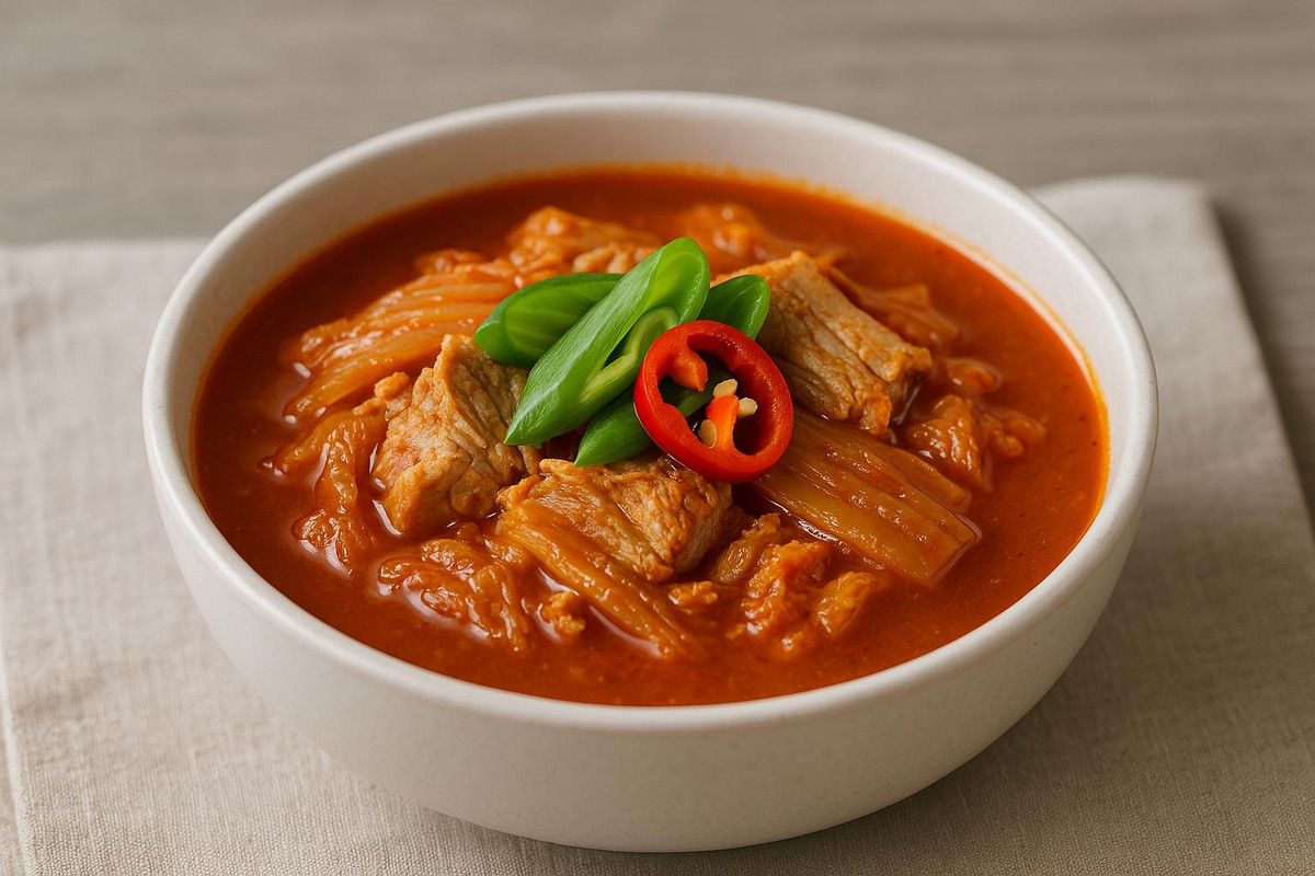 완성된 돼지고기 김치찌개의 정면 사진