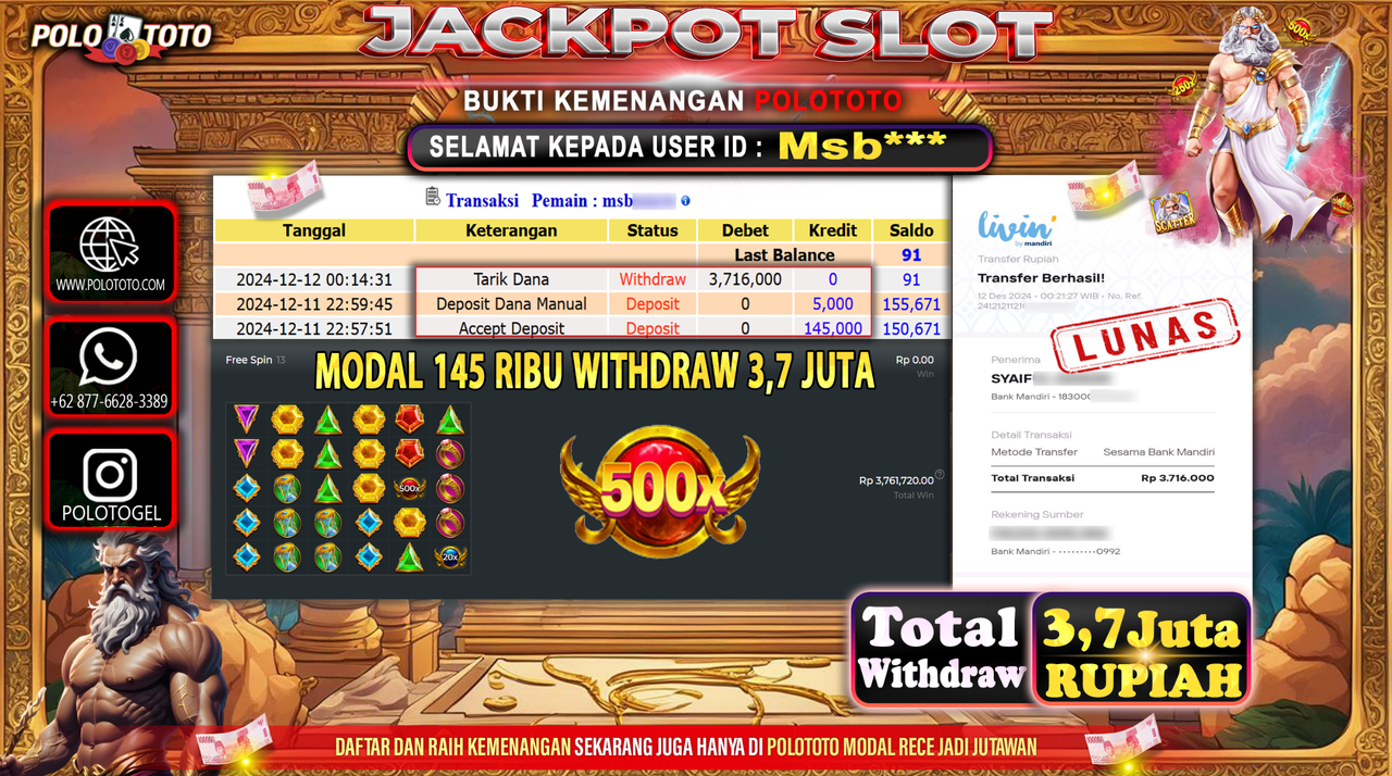 POLOTOTO JACKPOT SLOT GATES OF OLYMPUS Rp.3,716.000,-