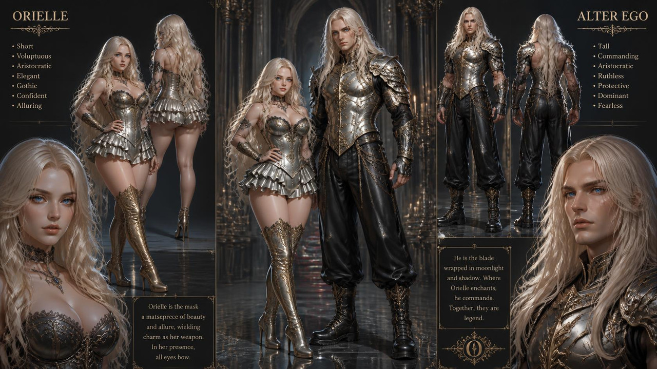 Orielle is as Short voluptuous female in Gothic corset and a short skirt made of silver with Tall h