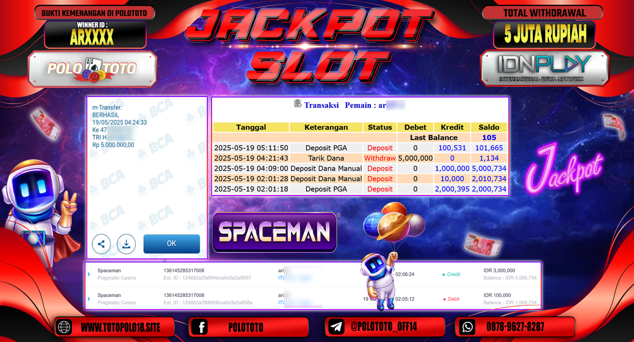 POLOTOTO JACKPOT SLOT SPACEMAN Rp.5.000.000,-