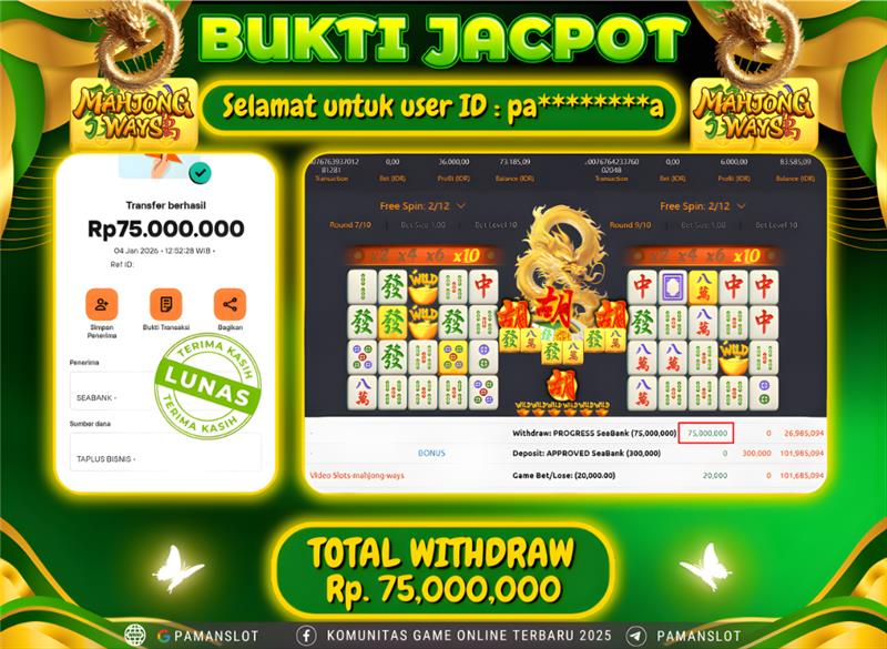 PAMANSLOT JACKPOT Game PG - Mahjong Ways Rp.75,000,000- LUNAS