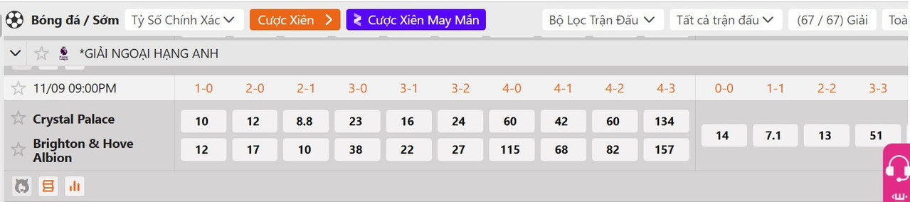 Tỷ lệ tỷ số chính xác Crystal Palace vs Brighton