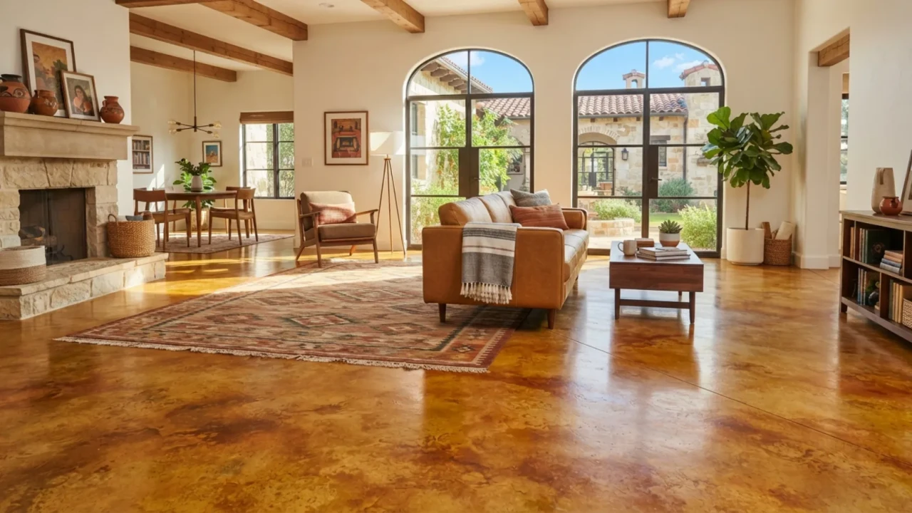 Warm amber acid stained concrete living room floor San Antonio