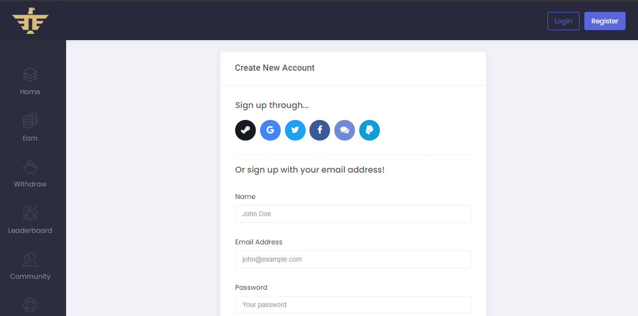 Idle Empire Signup page