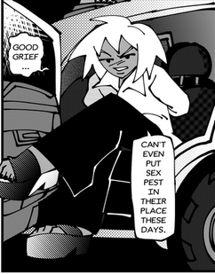 Single panel of Hennessy complaining in the back of a cop car that you can't suplex sexual predators because of woke