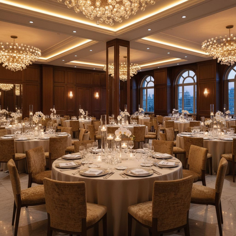 Процесс расстановки мебели в банкетном зале: проверка качества поверхностей и сервировка, иллюстрирующая услугу аренда столов для мероприятий.