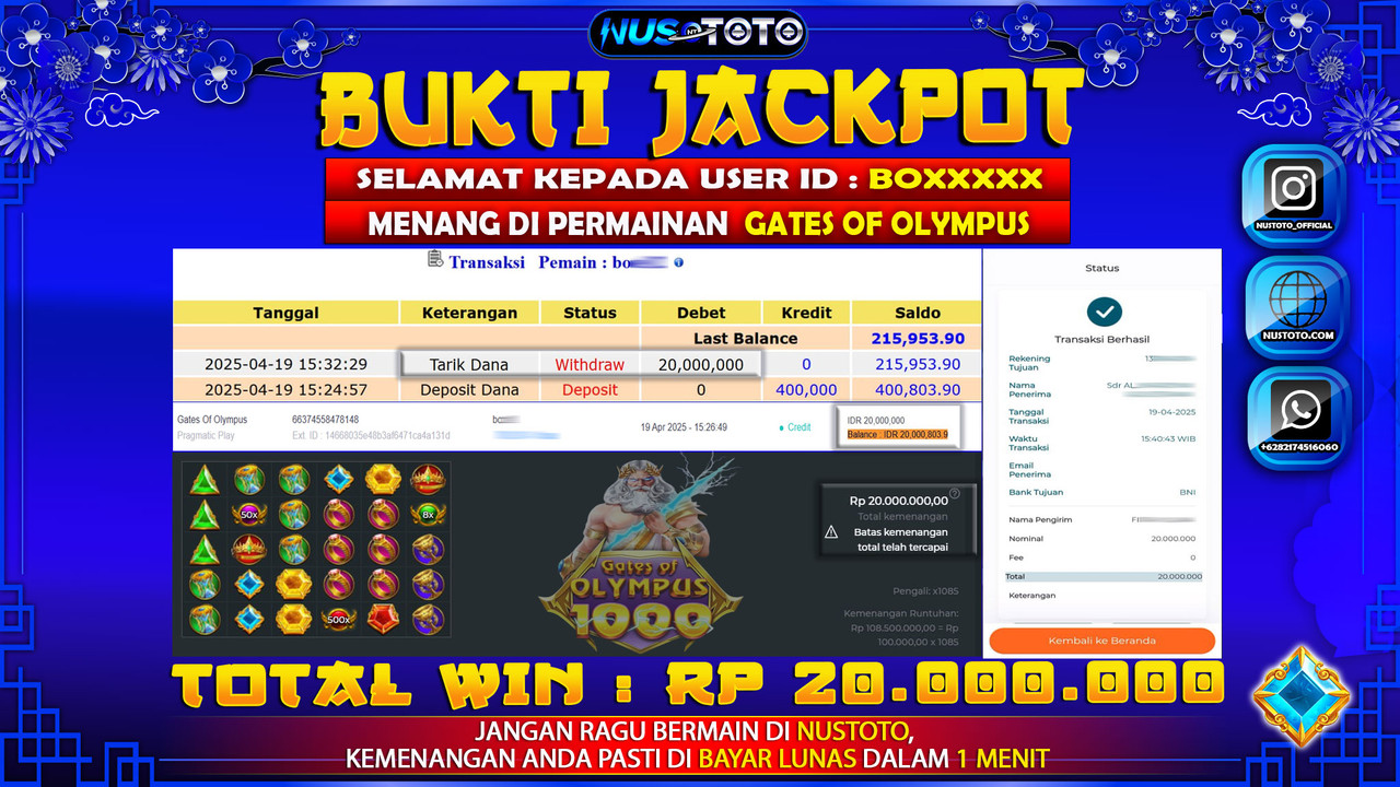 JACKPOT !! MENANG BESAR DI SLOT GATES OF OLYMPUS Rp. 20.000.000 LANGSUNG DI BAYAR LUNAS NUSTOTO !!