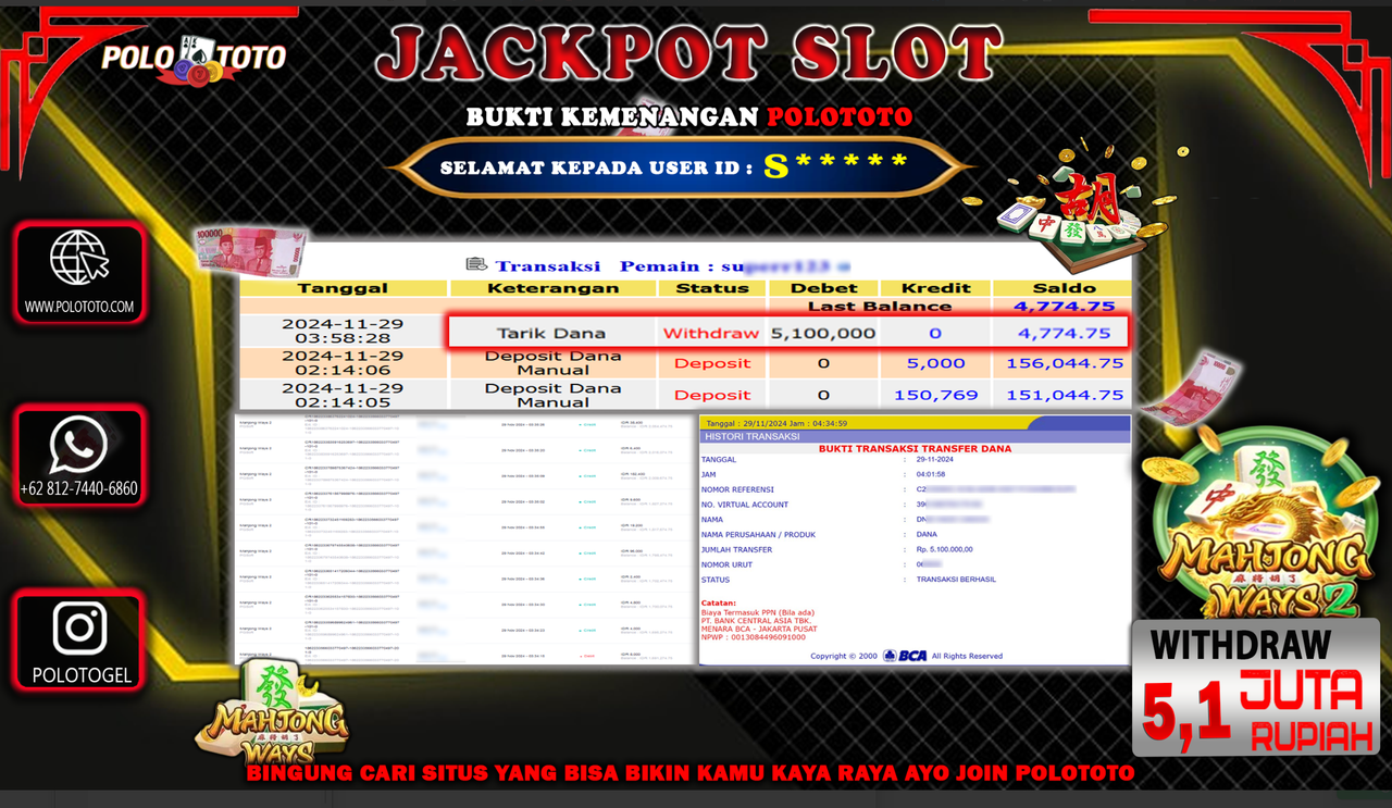 POLOTOTO JACKPOT SLOT MAHJONG WAYS 2 Rp.5,100.000,-