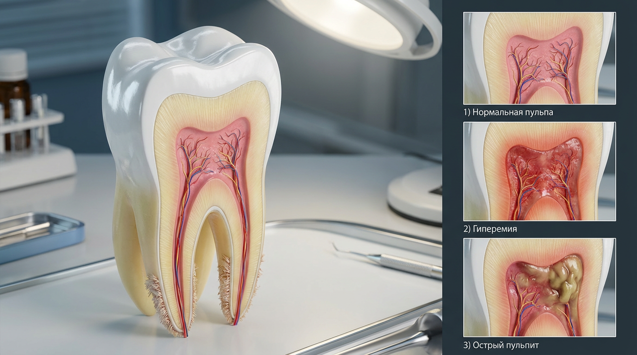 Схема строения зуба с пульпой и стадиями развития пульпита
