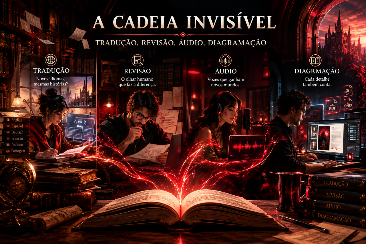 Infográfico detalhando a cadeia invisível do mercado editorial afetada pela inteligência artificial: tradução em múltiplos idiomas, revisão humana, narração de audiolivros e diagramação digital