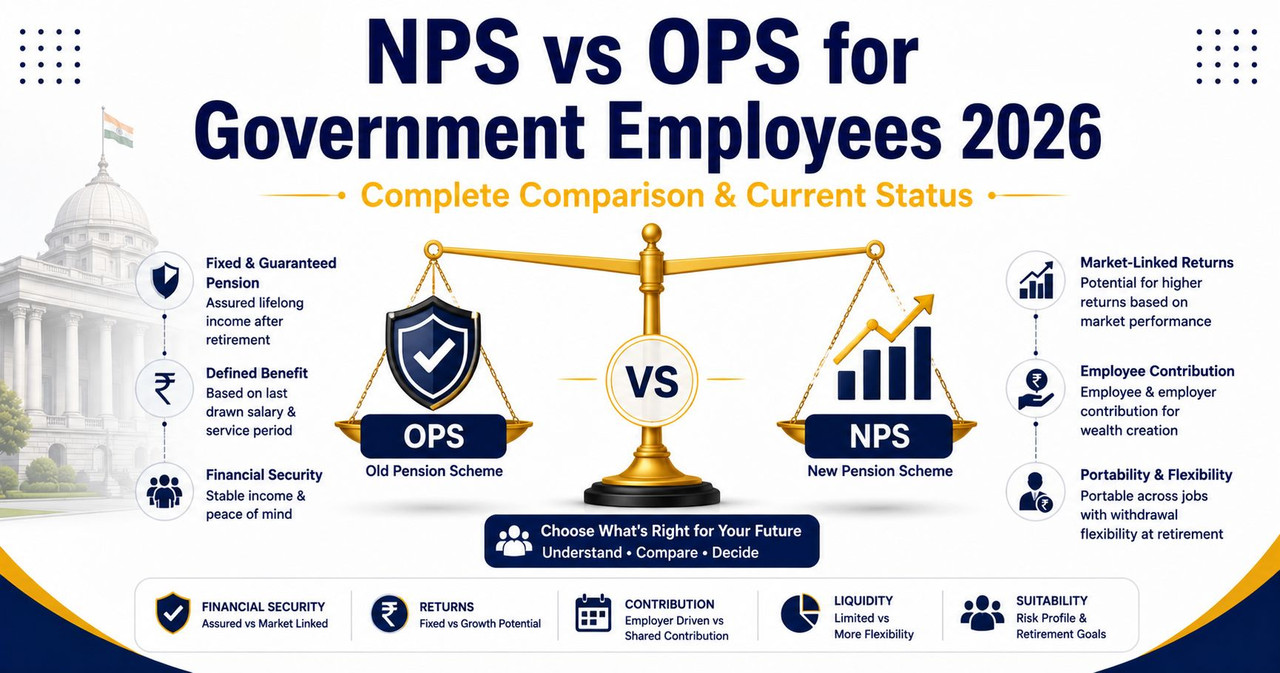 NPS vs OPS for Government Employees 2026 - Complete Comparison NPS vs OPS government employees 2026 pension scheme comparison illustration