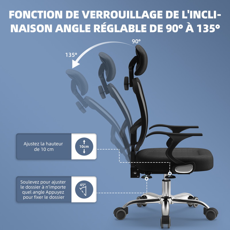 Lexzurn - Chaise Gaming Inclinable 135° Accoudoirs Pliables et