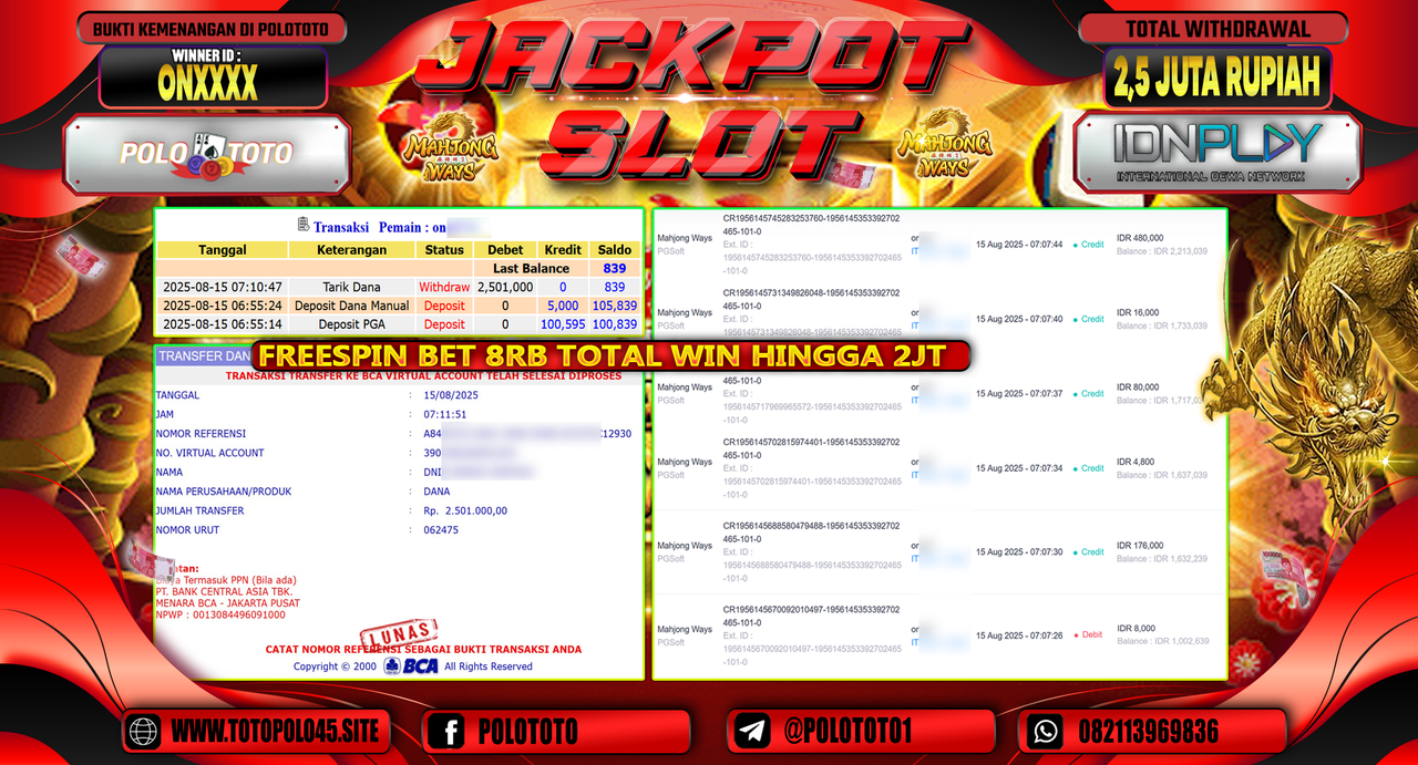 POLOTOTO JACKPOT SLOT MAHJONG WAYS Rp.2.500.000,-LUNAS