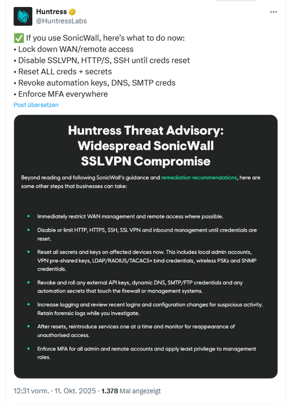 Huntress zu SonicWall SSLVPN-Angriffen