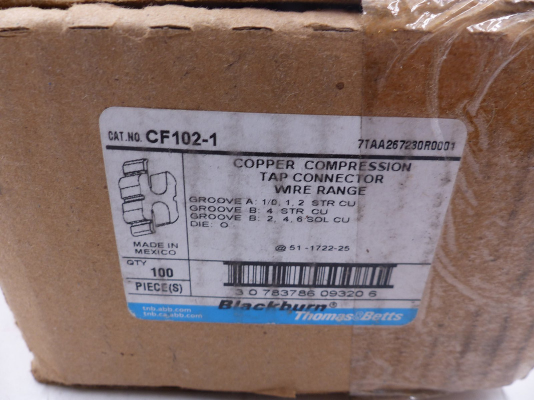 100* BLACKBURN COPPER COMPRESSION TAP CONNECTOR WIRE RANGE CF102-1