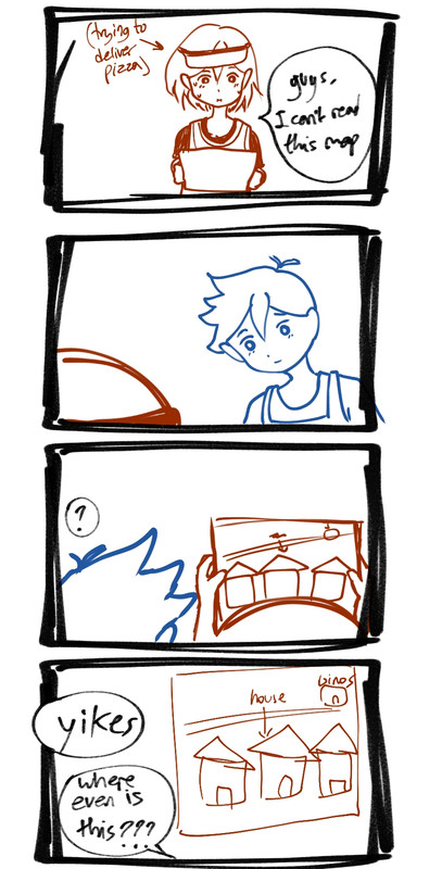 Kel can't read the dumbass map Cesar gave him on the address of the house they're supposed to deliver pizza to. Hero can't read it either. Yikes.