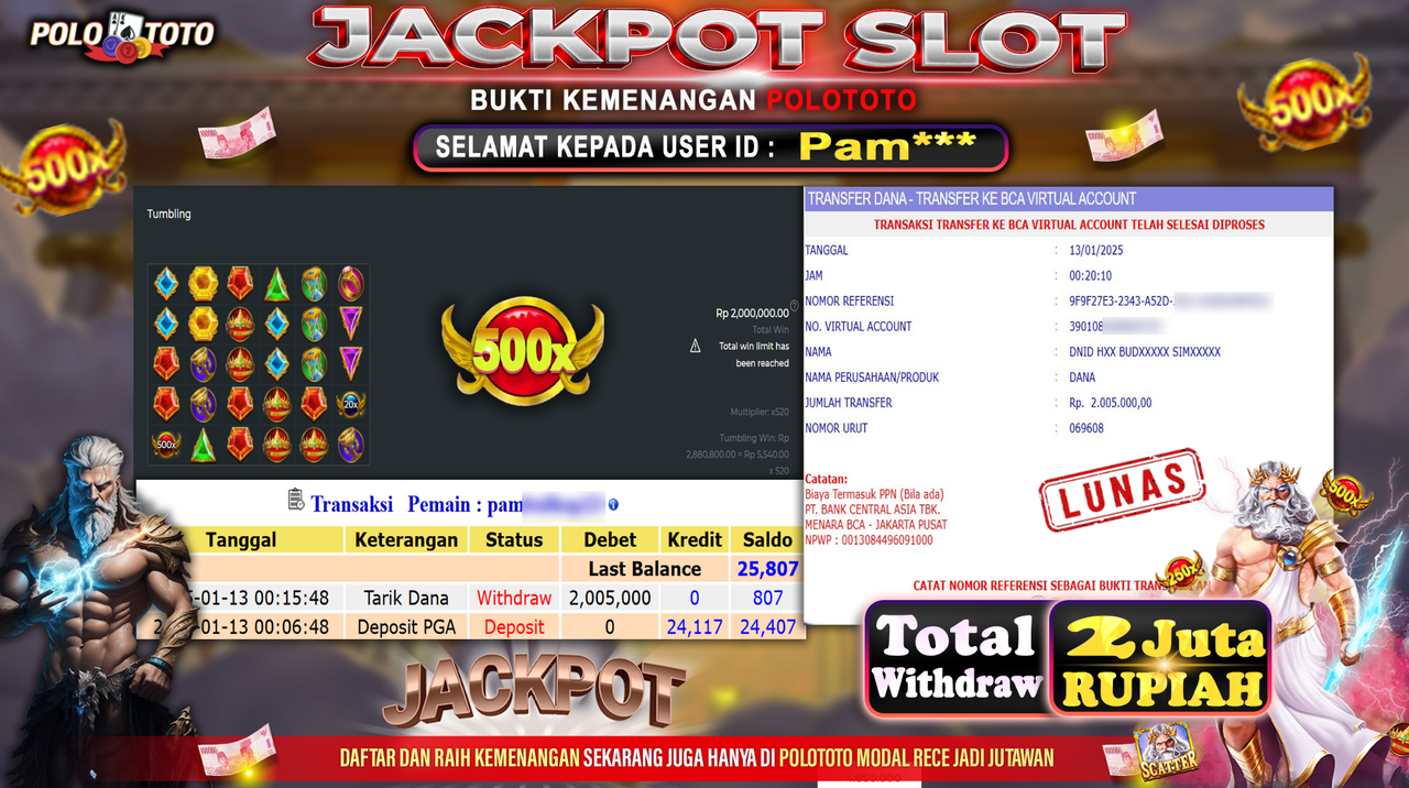 POLOTOTO JACKPOT SLOT GATES OF OLYMPUS Rp.2,000.000,-