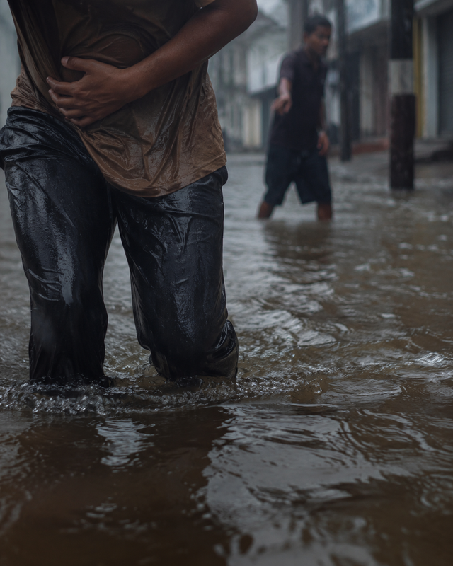 Dev stepping into flooded Mumbai street water while protecting his sister’s school document under his shirt