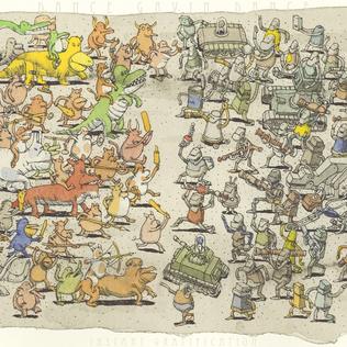 a cartoon drawing of a war between robots and monsters/dinosaurs