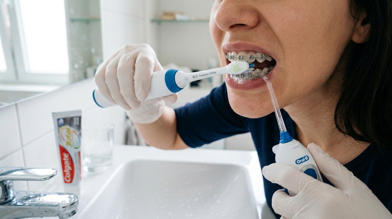Пошаговая чистка зубов с брекетами ирригатором и щеткой