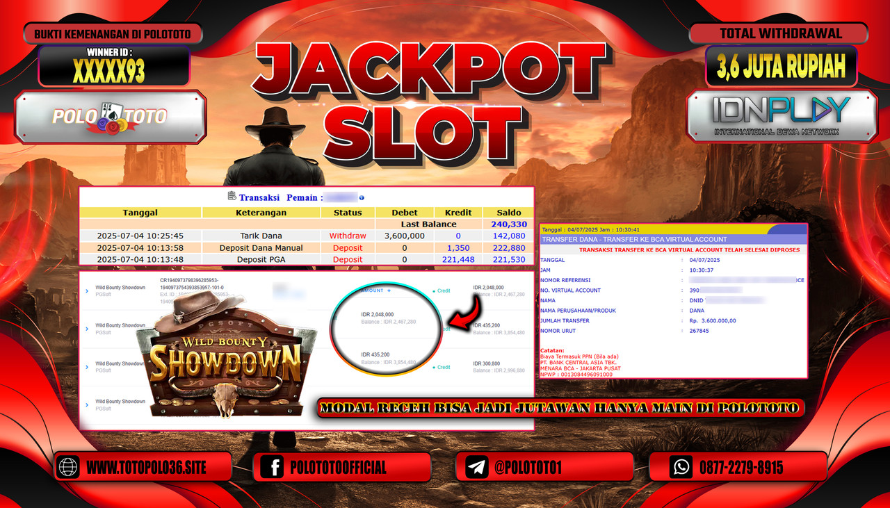 POLOTOTO JACKPOT SLOT WILD BOUNTY SHOWDOWN Rp.3.600.000,- LUNAS