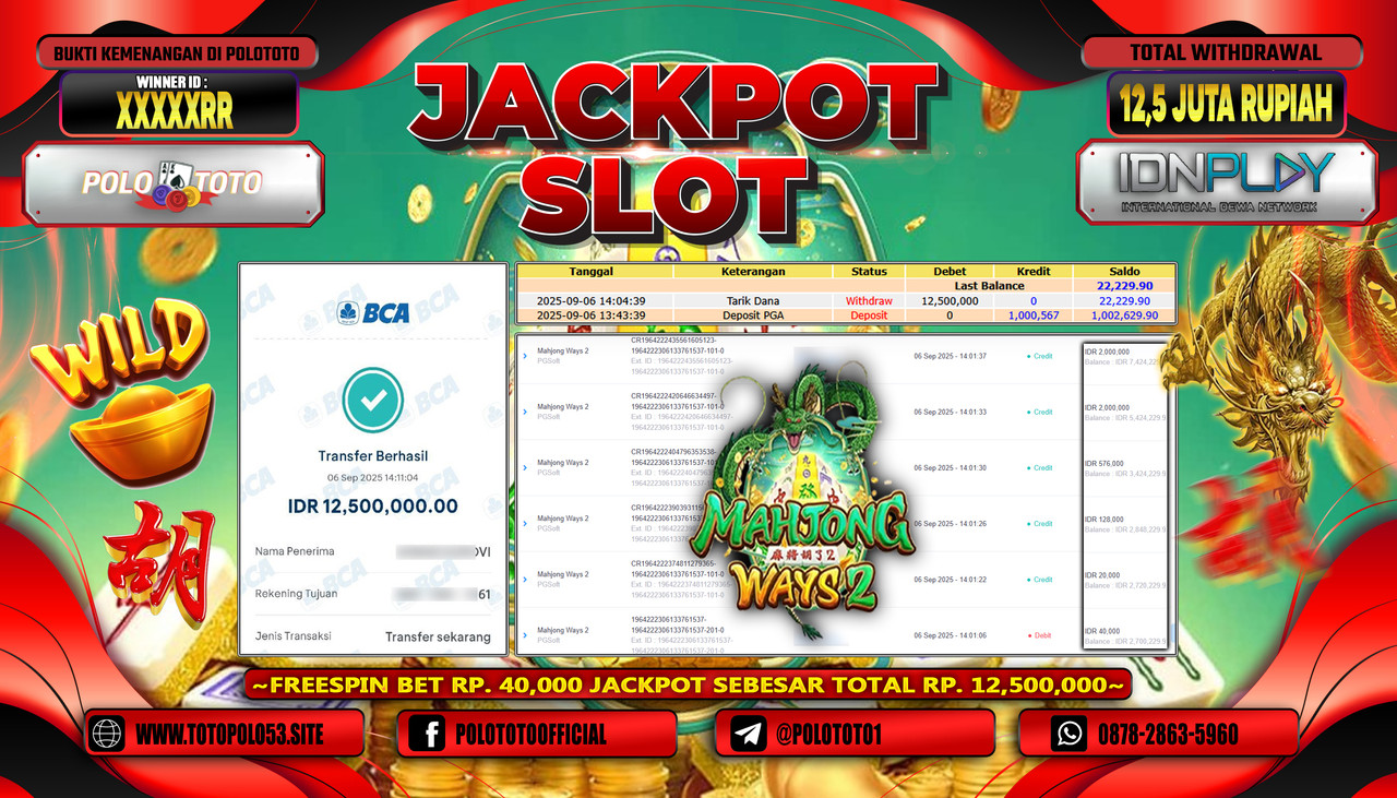 POLOTOTO JACKPOT SLOT MAHJONG WAYS 2 Rp.12.500.000,- LUNAS