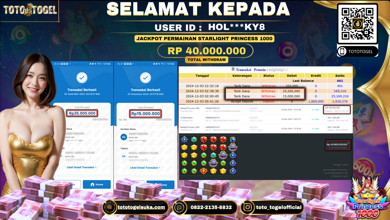 Bukti Pembayaran Jackpot Permainan Slot Starlight Princess 1000 ID: HOL***KY8 LUNAS 