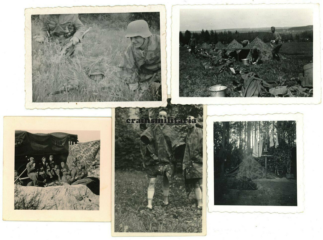 Orig. Foto Soldaten mit Zeltbahn Zelt Biwak Uniform Bevölkerung Frau Russland