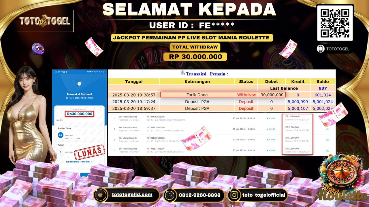 Bukti Pembayaran Jackpot  Permainan Pp LIve Slot Mania Roulette ID:FE***** LUNAS