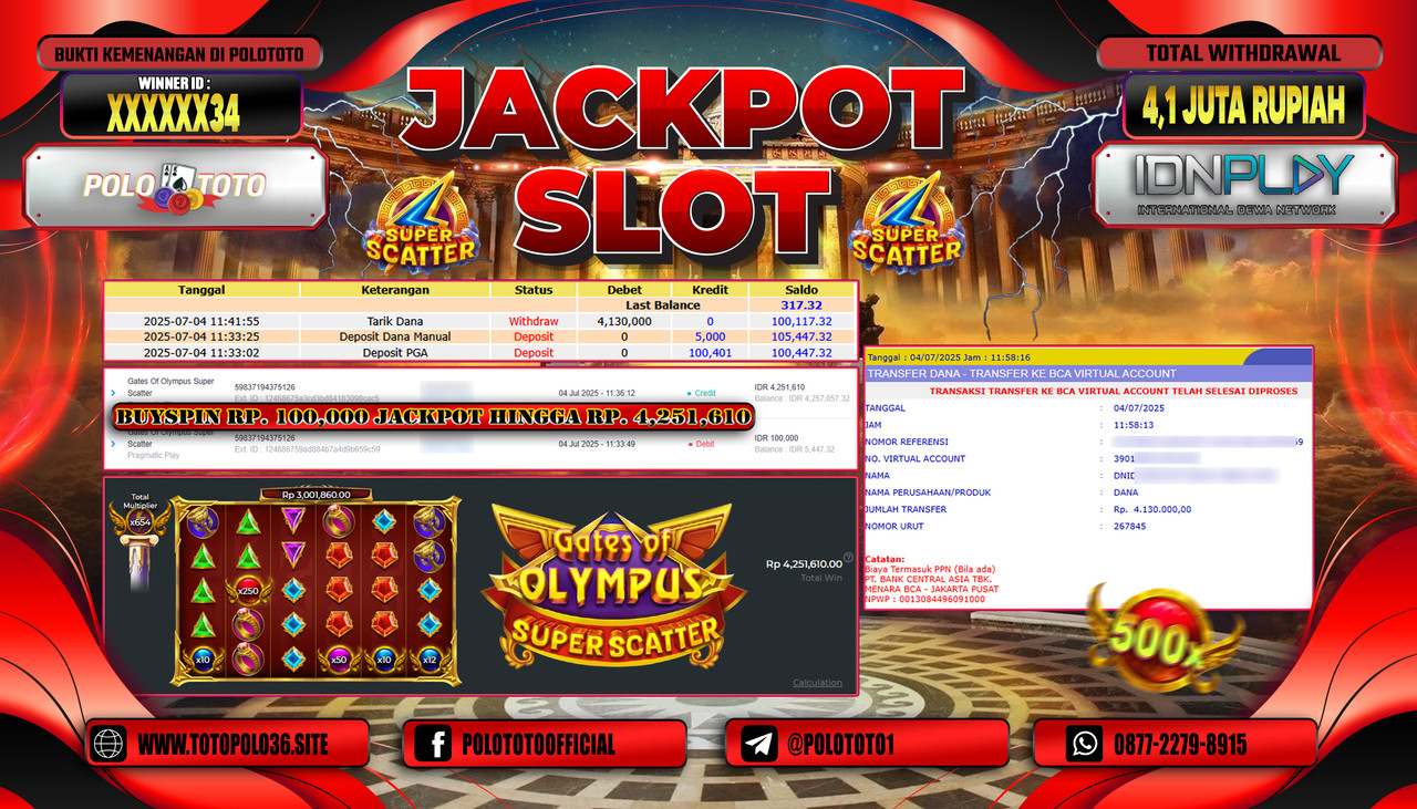 POLOTOTO JACKPOT SLOT GATES OF OLYMPUS SUPER SCATTER Rp.4.100.000,- LUNAS