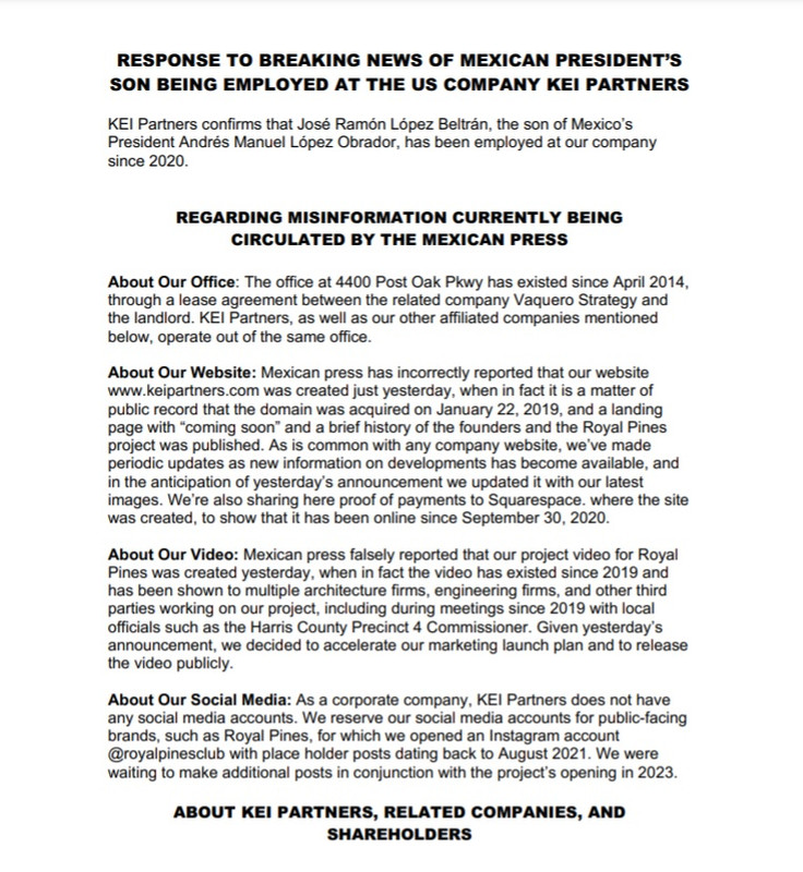 KEI Partners rechazó que hijo de AMLO creara en 