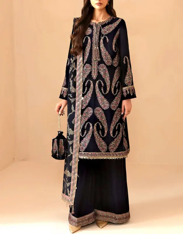 Luxury Heavy Embroidered Velvet Wedding Dress with Emb. Chiffon Dupatta